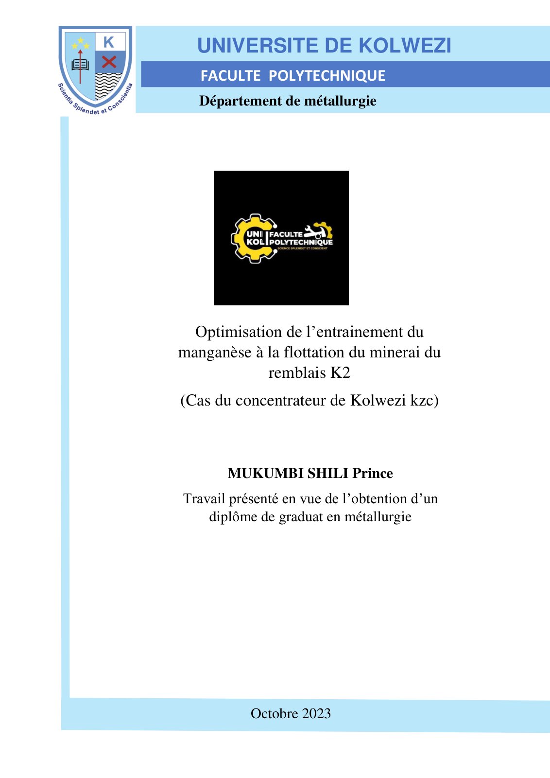 First page of Optimisation de l’entrainement du manganèse à la flottation du minerai du remblais K2 (Cas du concentrateur de Kolwezi kzc)