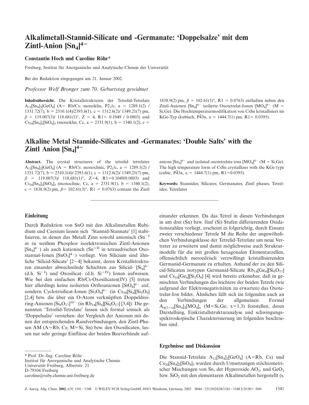 First page of Alkalimetall-Stannid-Silicate und -Germanate: ‘Doppelsalze’ mit dem Zintl-Anion [Sn4]4