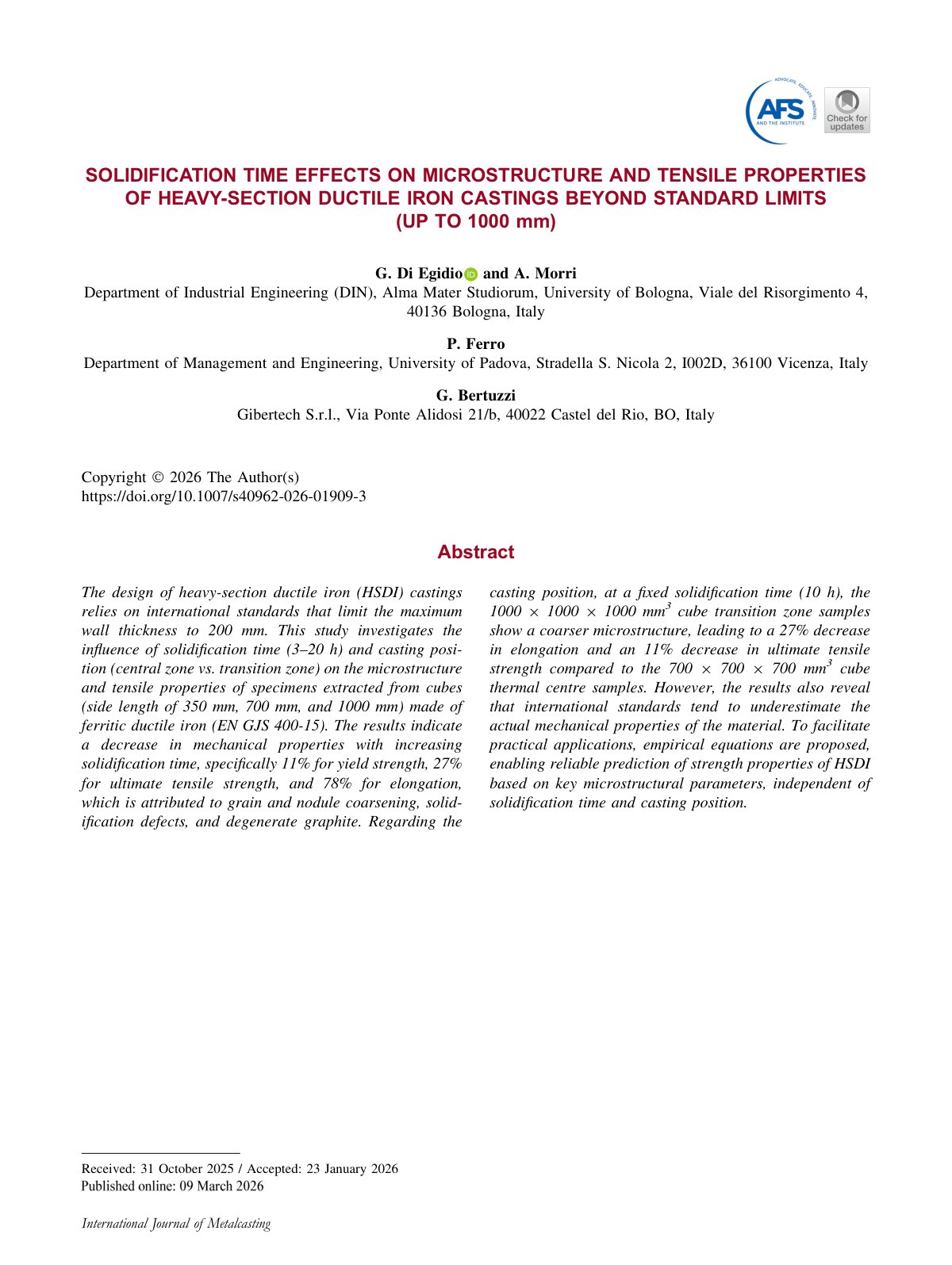 First page of 2026 Di Egidio Heavy Section Ductile Iron Solidification