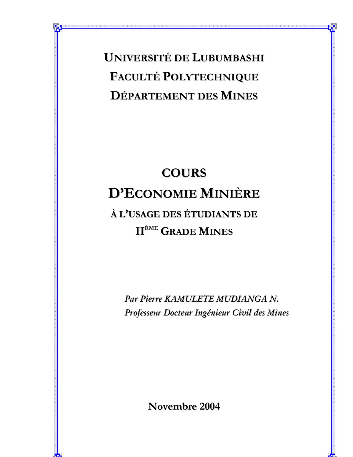 First page of Cours d'économie Minière 