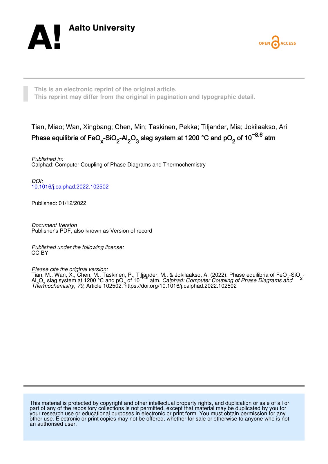 First page of Phase Equilibria of Feox Sio2 Al2o3 Slag
