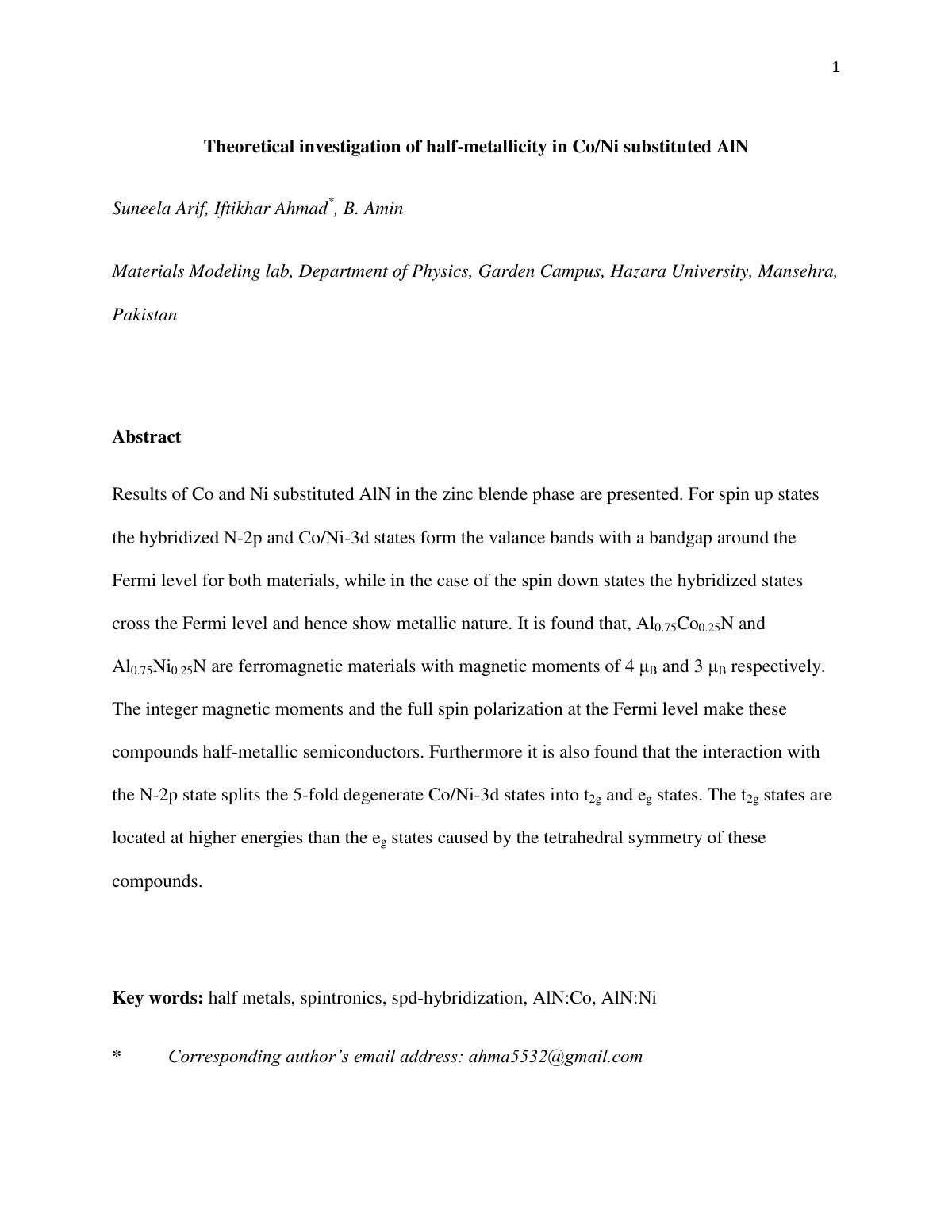 First page of Theoretical investigation of half-metallicity in Co/Ni substituted AlN