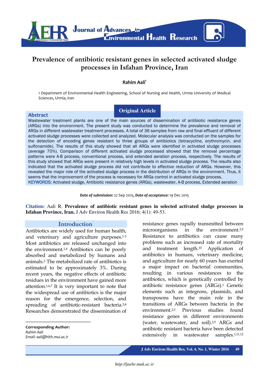 First page of Prevalence of antibiotic resistant genes