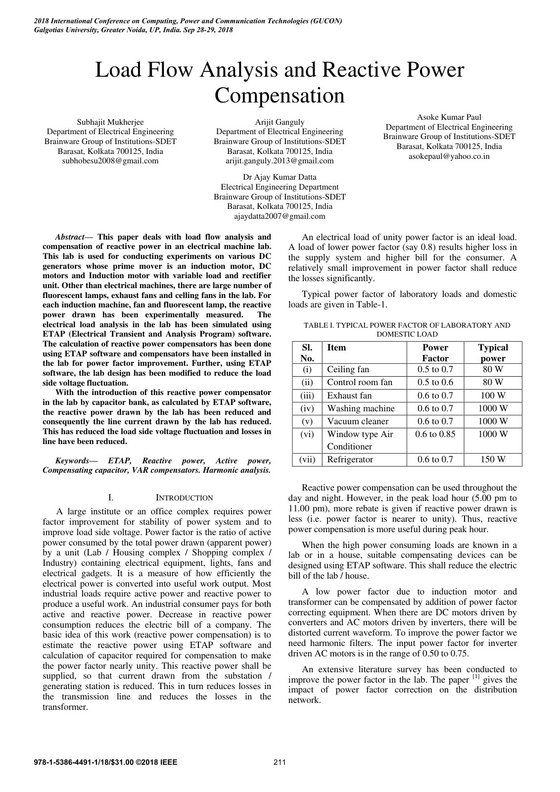 First page of Load Flow Analysis and Reactive Power Co