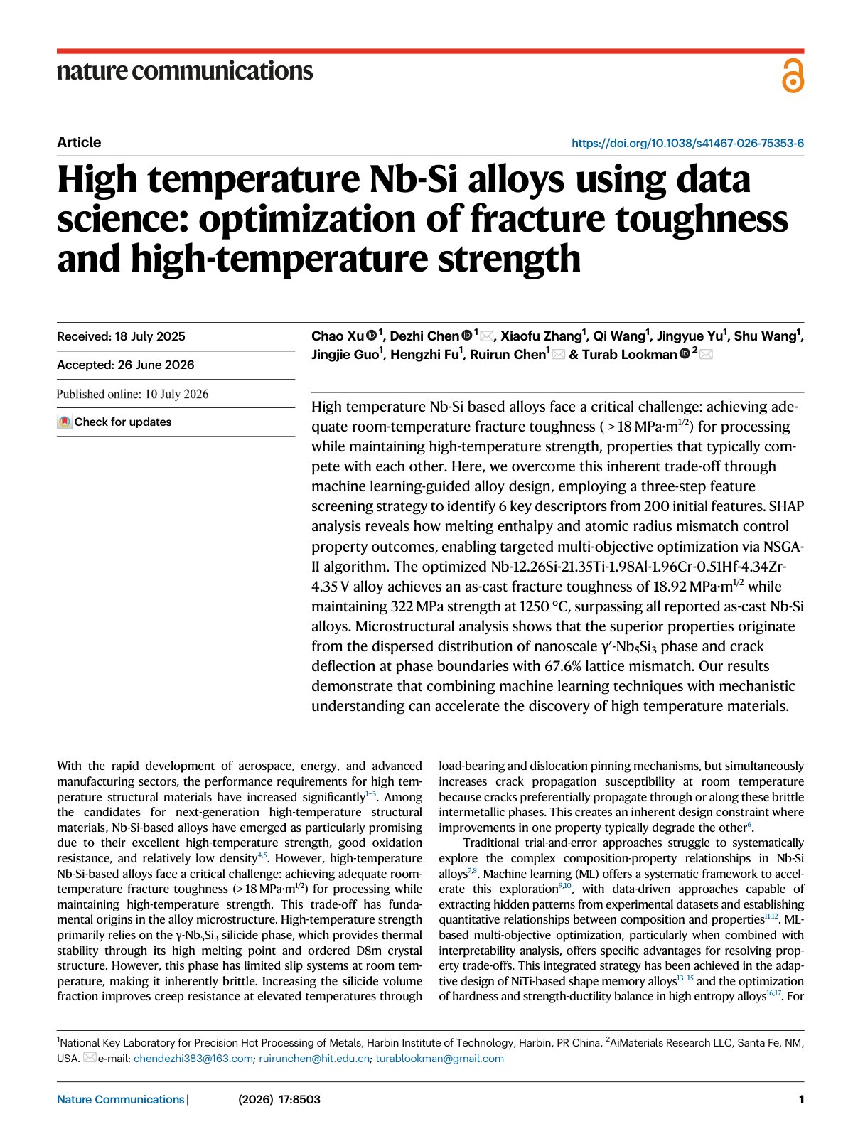 First page of High temperature Nb-Si alloys using data science: optimization of fracture toughness and high-temperature strength