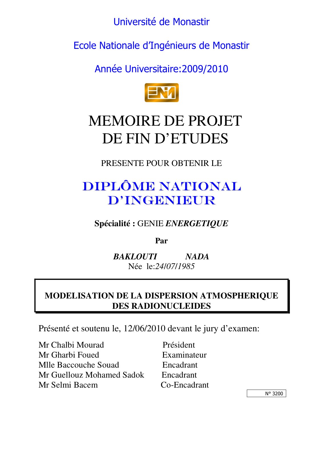 First page of MODELISATION DE LA DISPERSION ATMOSPHERIQUE DES RADIONUCLEIDES