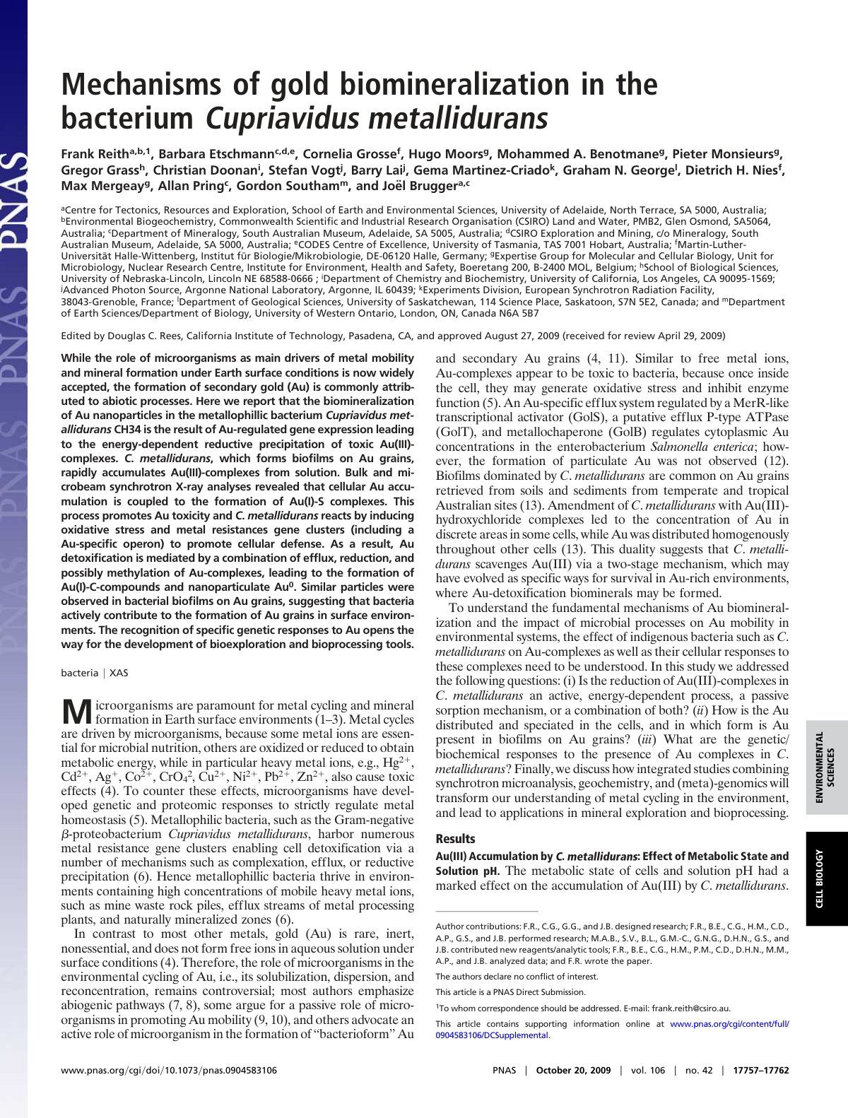 First page of Biomineralization of gold in biofilms of