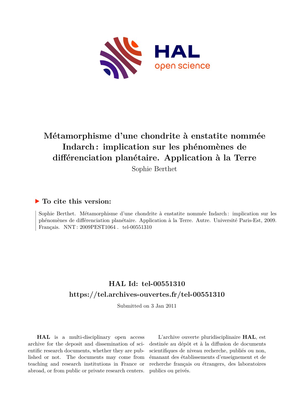 First page of Métamorphisme d’une chondrite à enstatite nommée Indarch : implication sur les phénomènes de différenciation planétaire. Application à la Terre