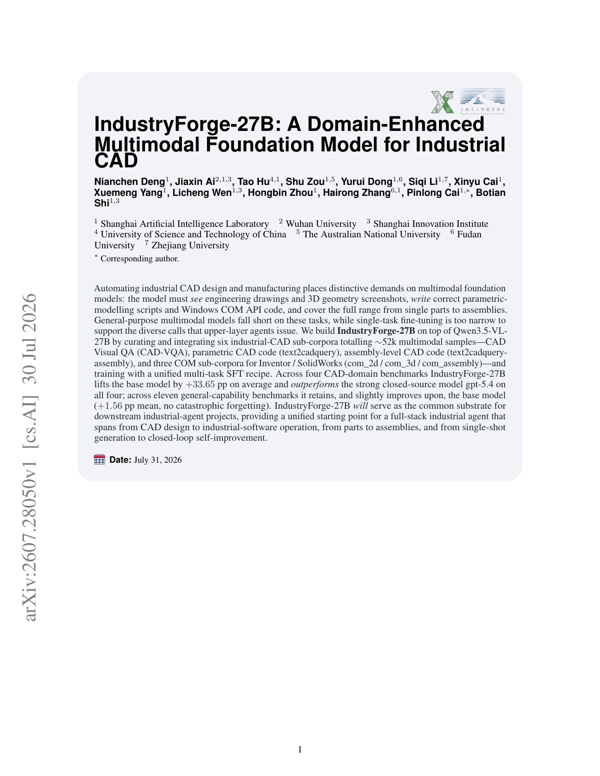 First page of IndustryForge-27B: A Domain-Enhanced Multimodal Foundation Model for IndustrialCAD