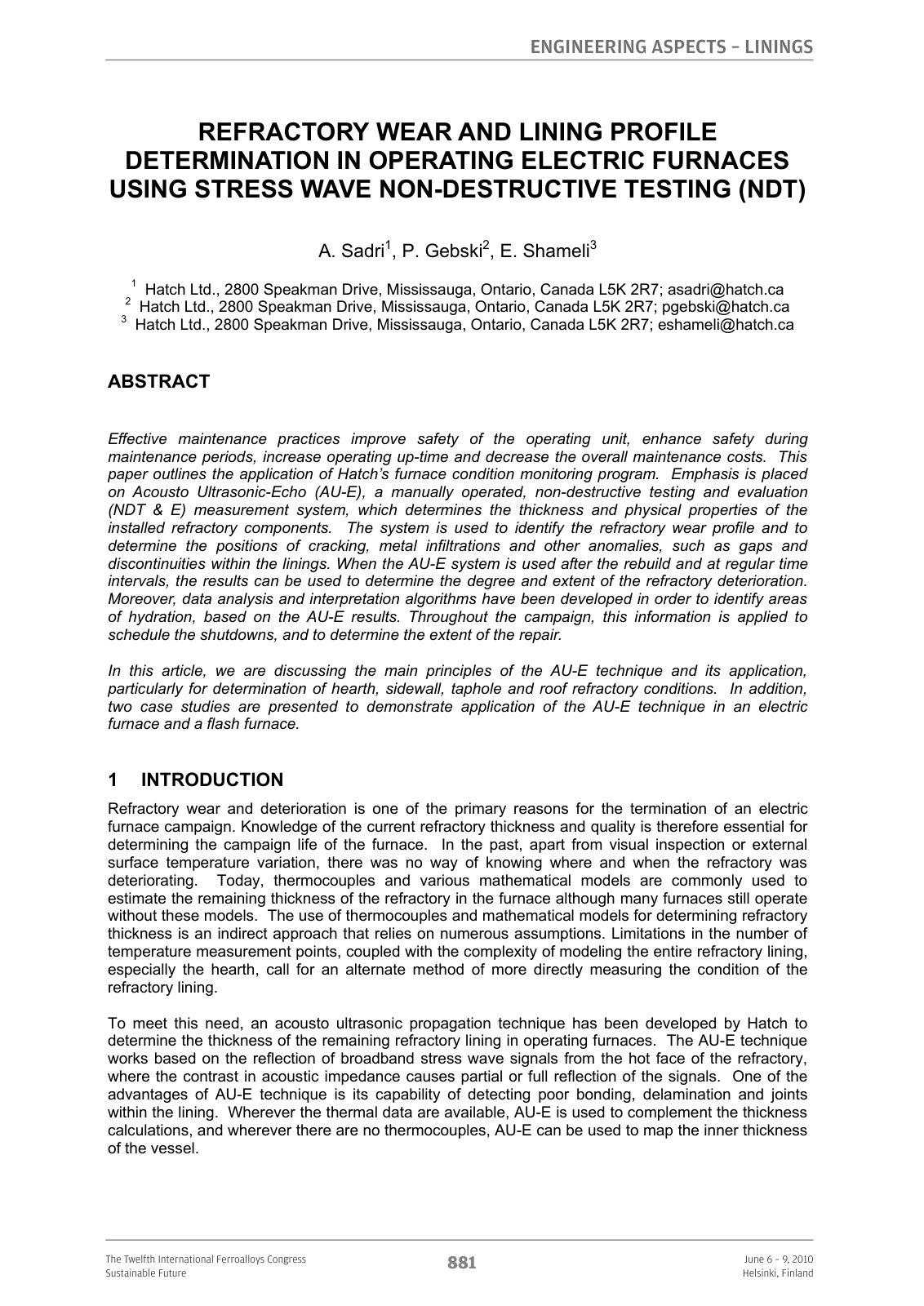 First page of REFRACTORY WEAR AND LINING PROFILE DETERMINATION IN OPERATING ELECTRIC FURNACES USING STRESS WAVE NON-DESTRUCTIVE TESTING (NDT)