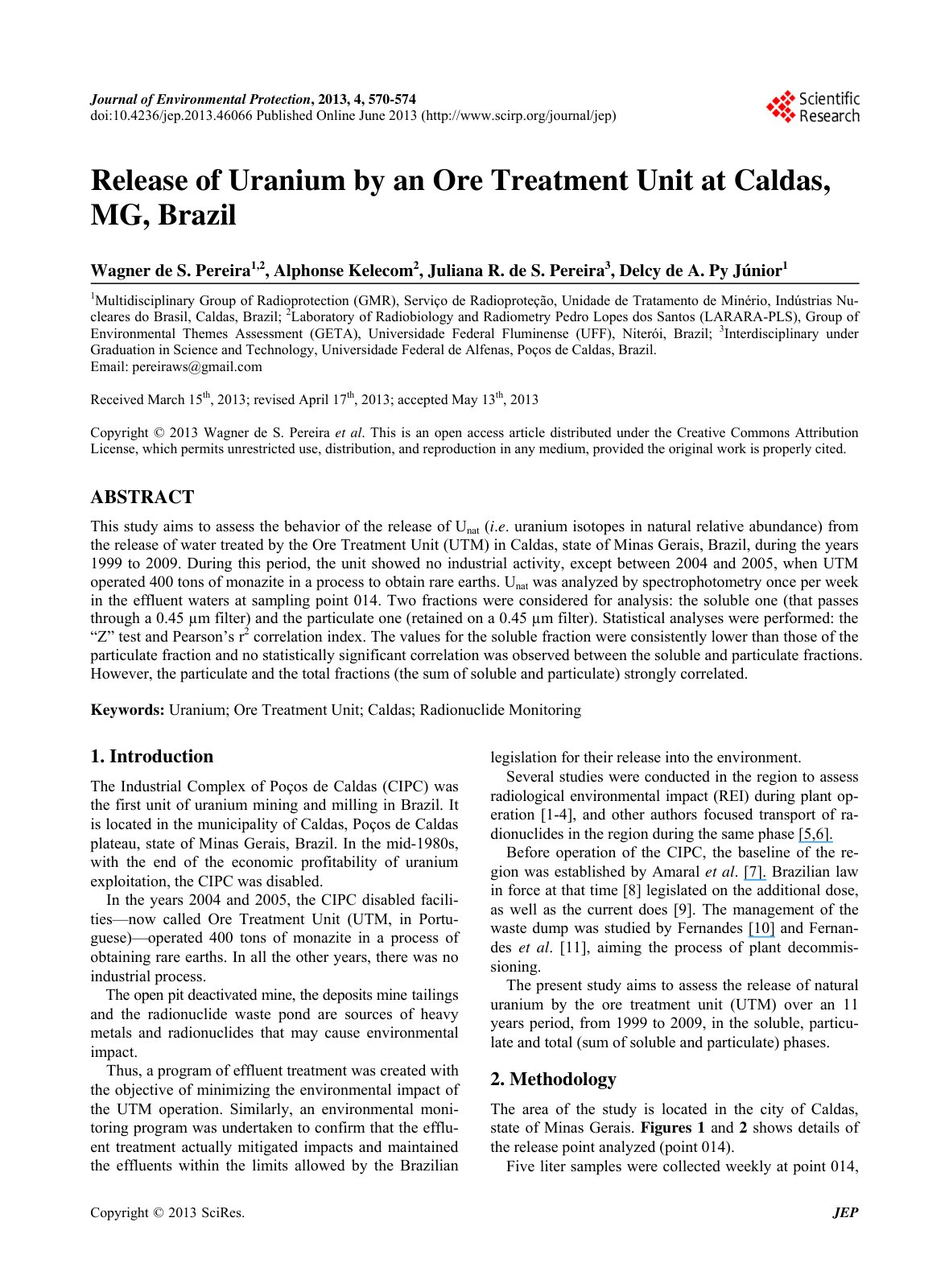 First page of Release of Uranium by an Ore Treatment Unit at Caldas, MG, Brazil