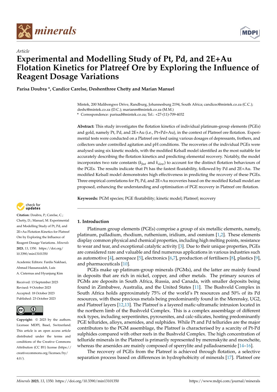 First page of Experimental and Modelling Study of Pt, Pd, and 2E+Au Flotation Kinetics for Platreef Ore by Exploring the Influence of Reagent Dosage Variations