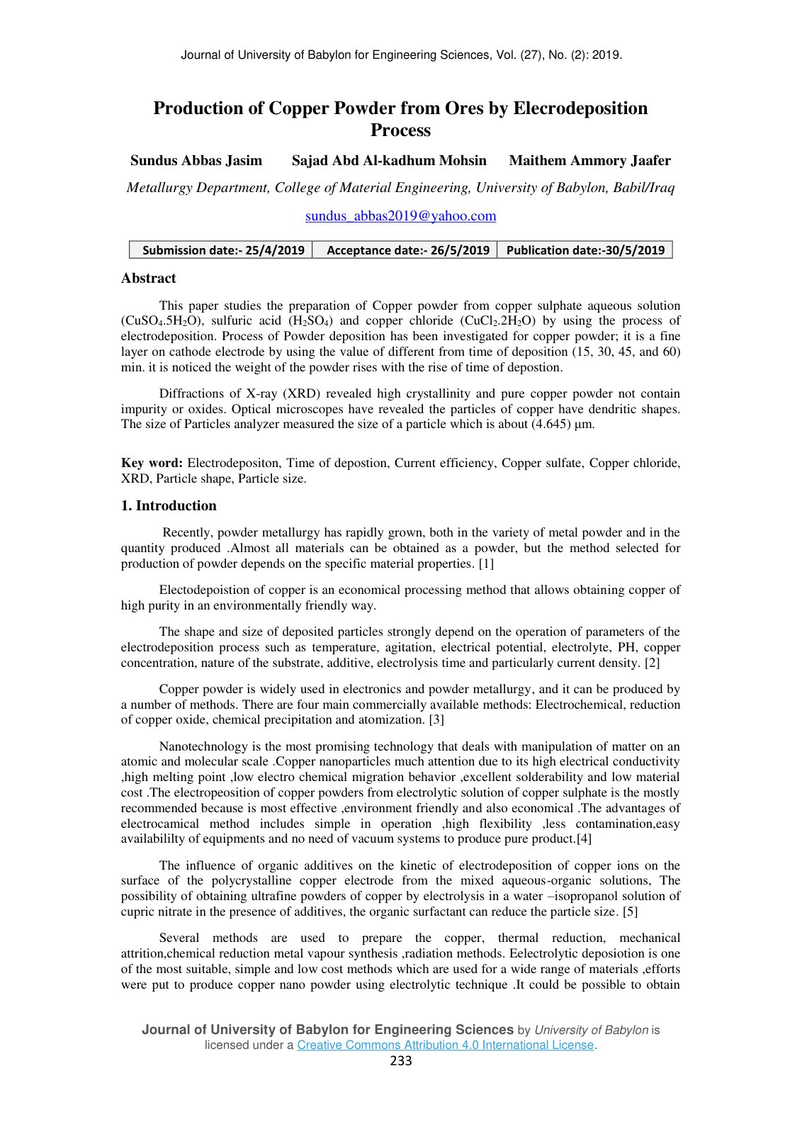 First page of Production of Copper Powder from Ores by Elecrodeposition Process