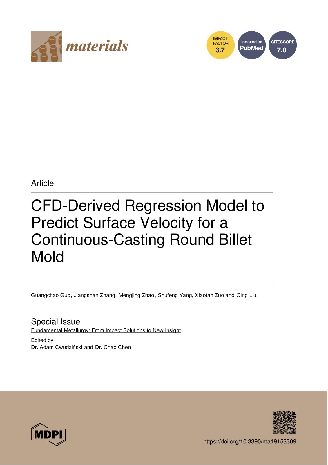 First page of CFD-Derived Regression Model to Predict Surface Velocity for a Continuous-Casting Round Billet Mold