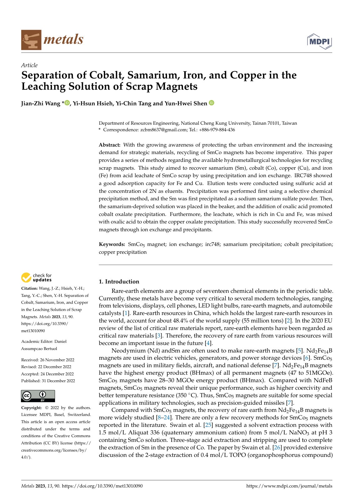 First page of Separation of Cobalt, Samarium, Iron, and Copper in the Leaching Solution of Scrap Magnets