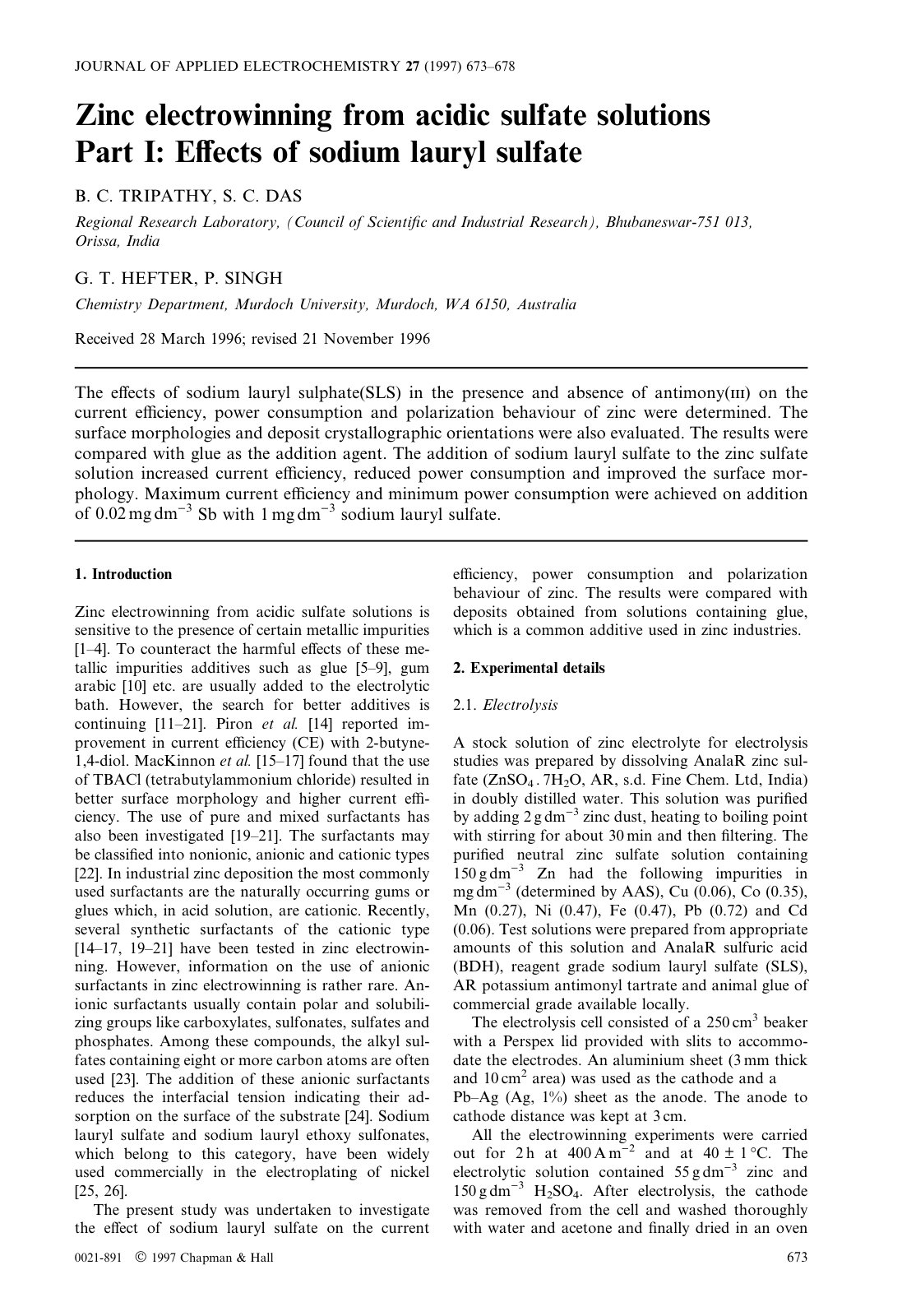 First page of Zinc electrowinning from acidic sulfate