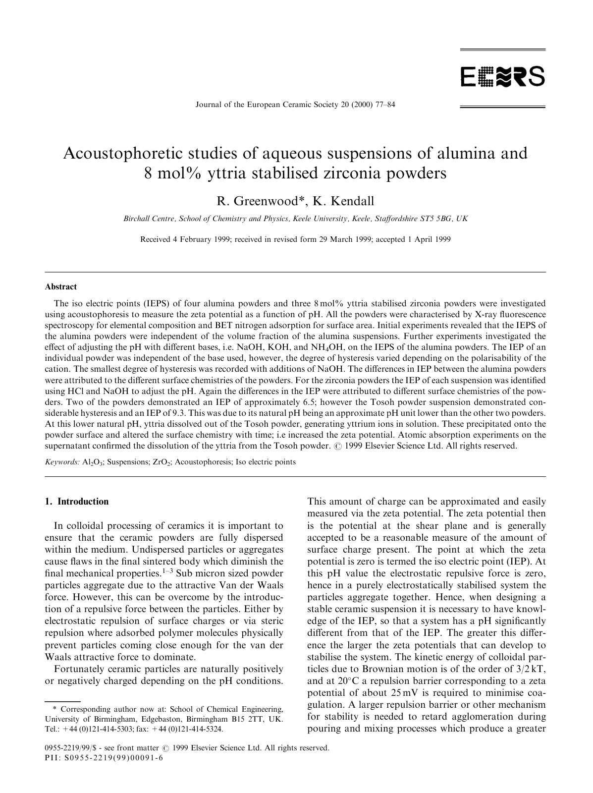 First page of Acoustophoretic studies of aqueous suspe