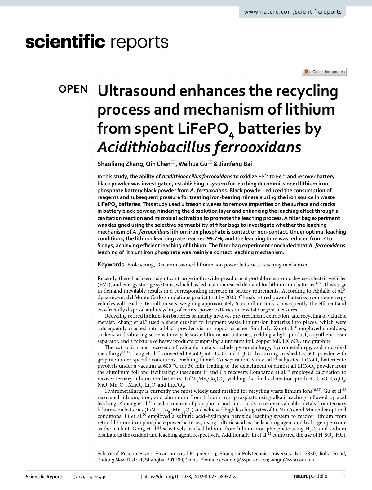 First page of 2025   Zhang   Ultrasound enhanced bioleaching of spent LiFePO4 batteries