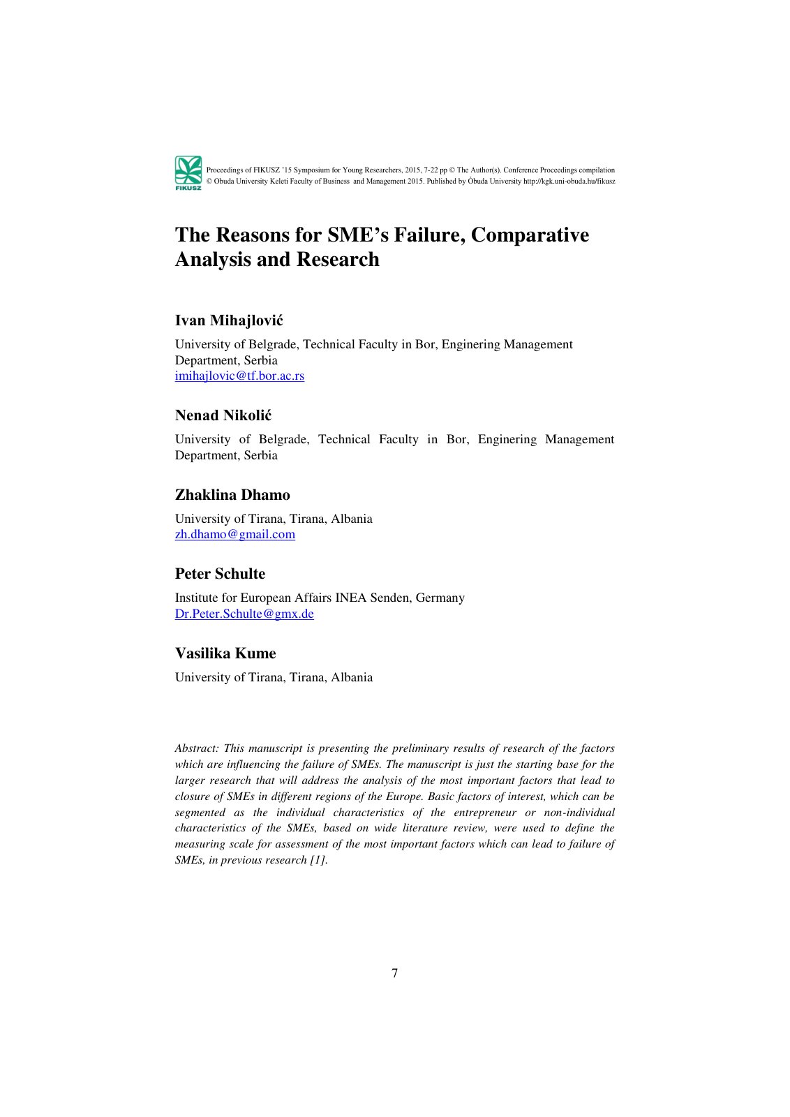 First page of The Reasons for SMEs Failure Comparative
