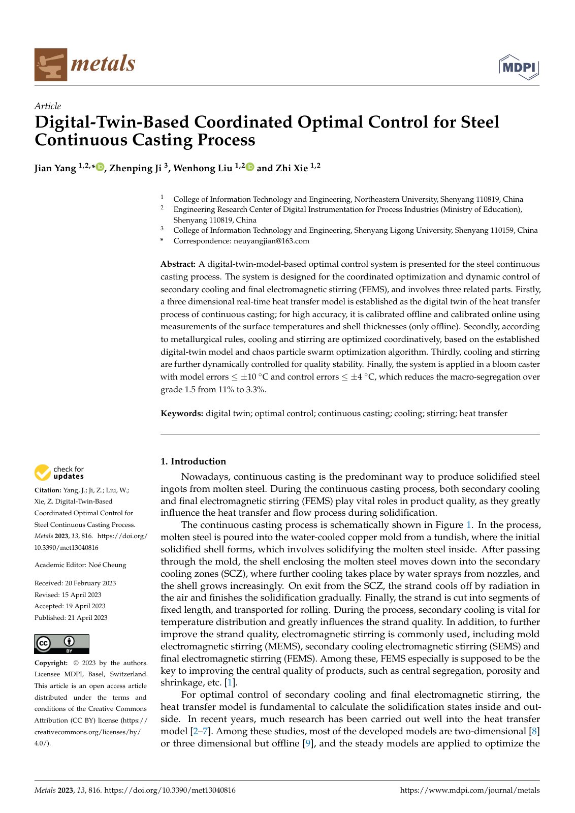 First page of Digital-Twin-Based Coordinated Optimal Control for Steel Continuous Casting Process