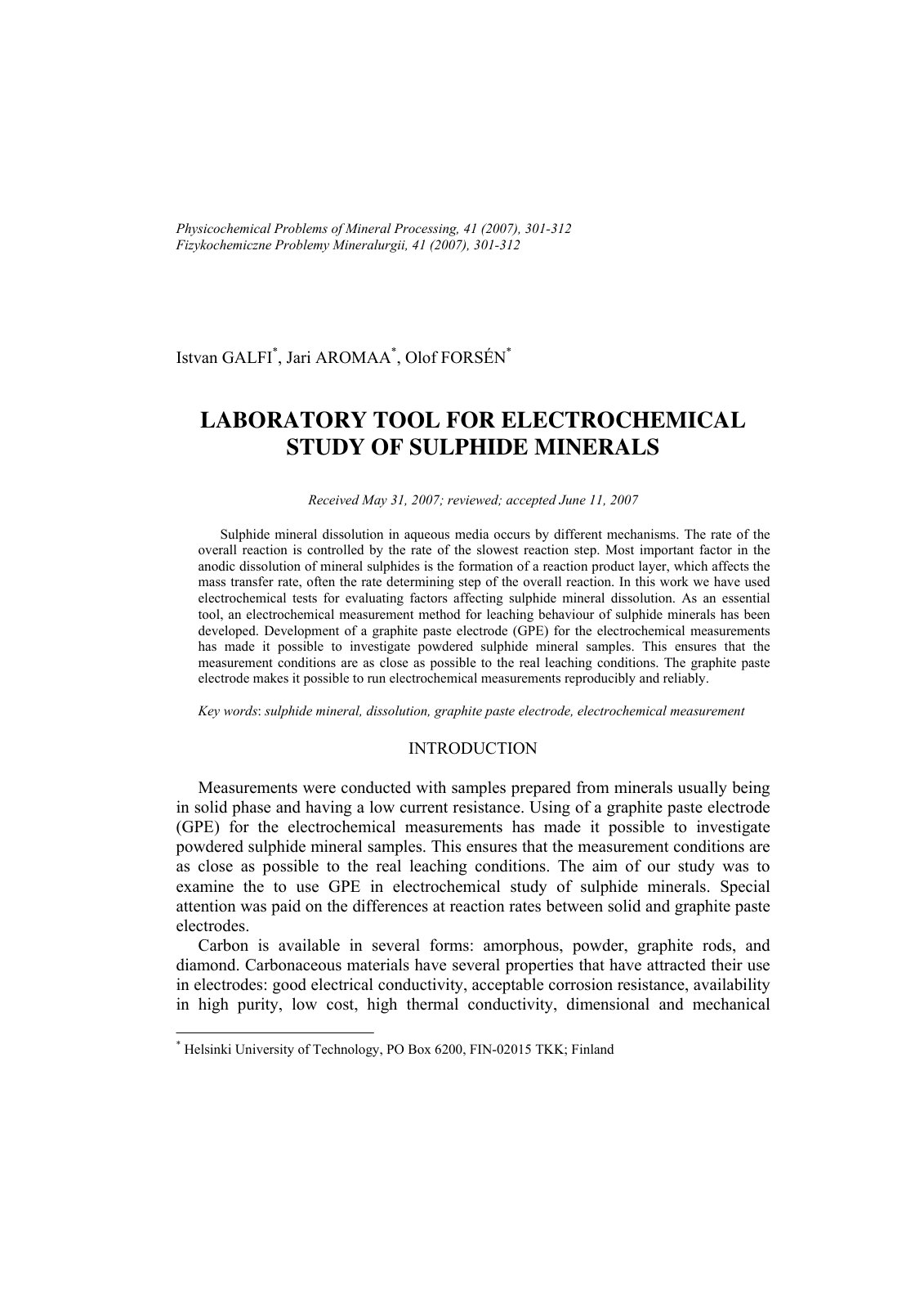First page of Laboratory tool for electrochemical study of sulphide minerals