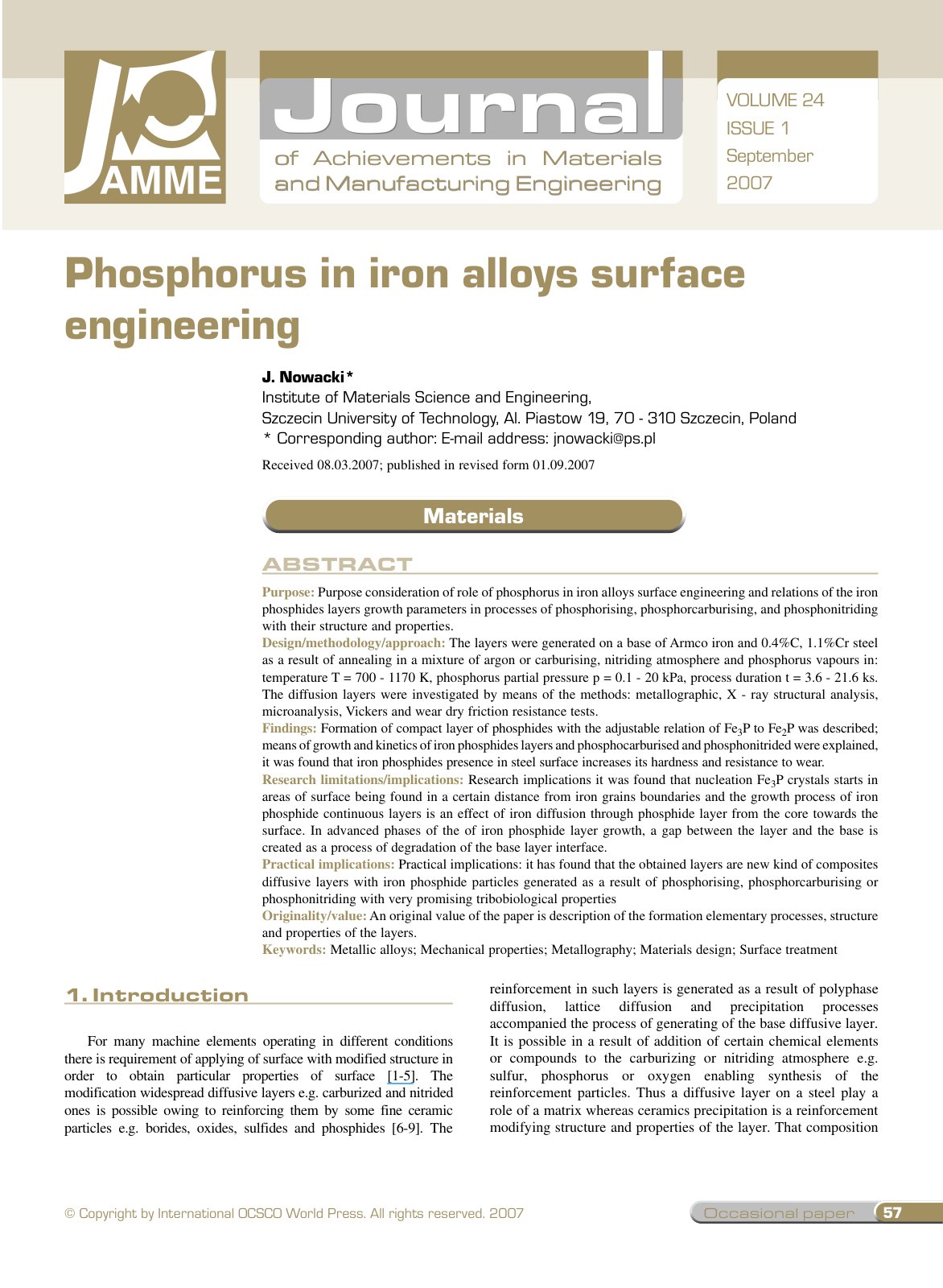First page of Phosphorus in iron alloys surface engineering