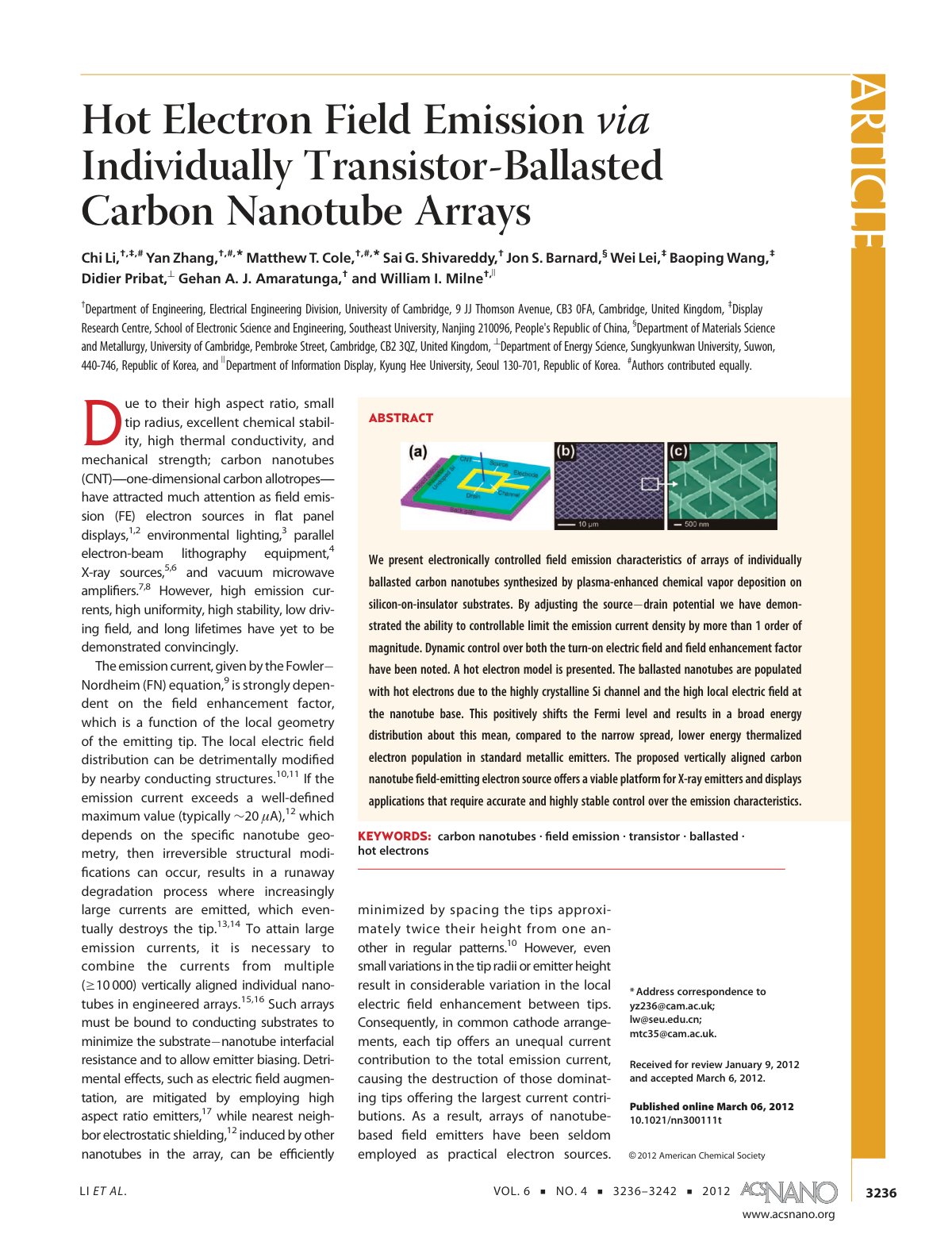 First page of Hot Electron Field Emissionvia Individually Transistor-Ballasted Carbon Nanotube Arrays