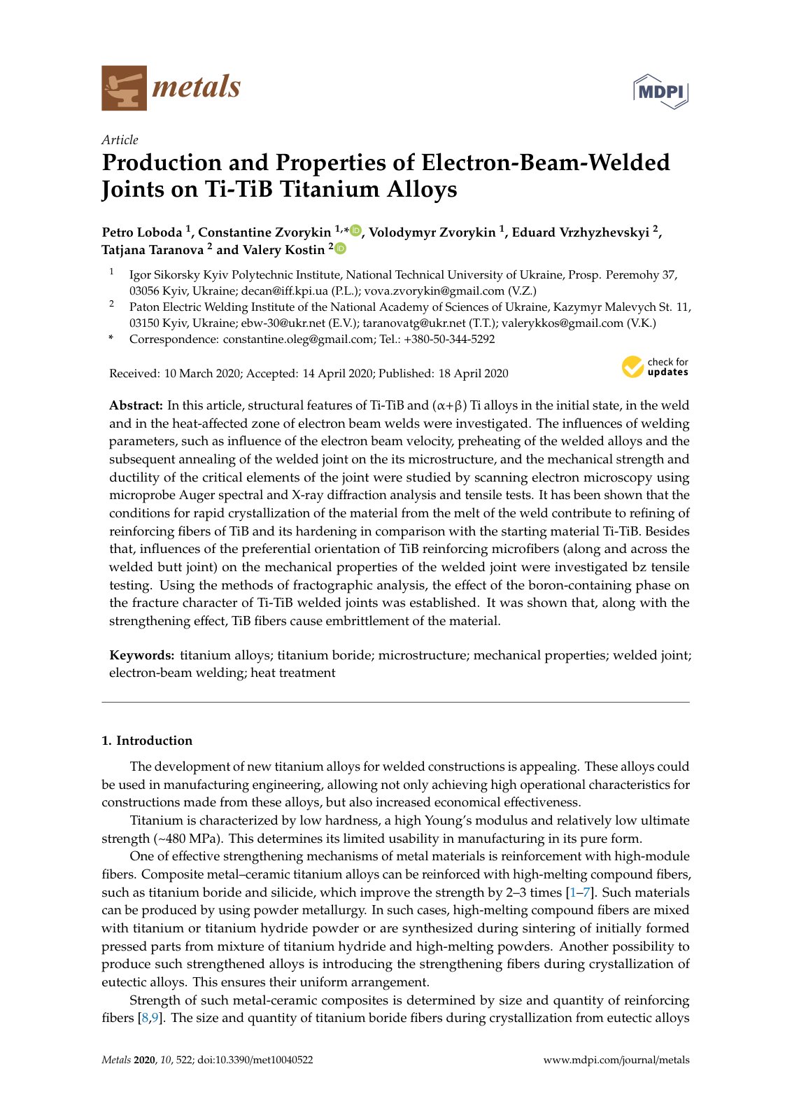 First page of Production and Properties of Electron-Beam-Welded Joints on Ti-TiB Titanium Alloys