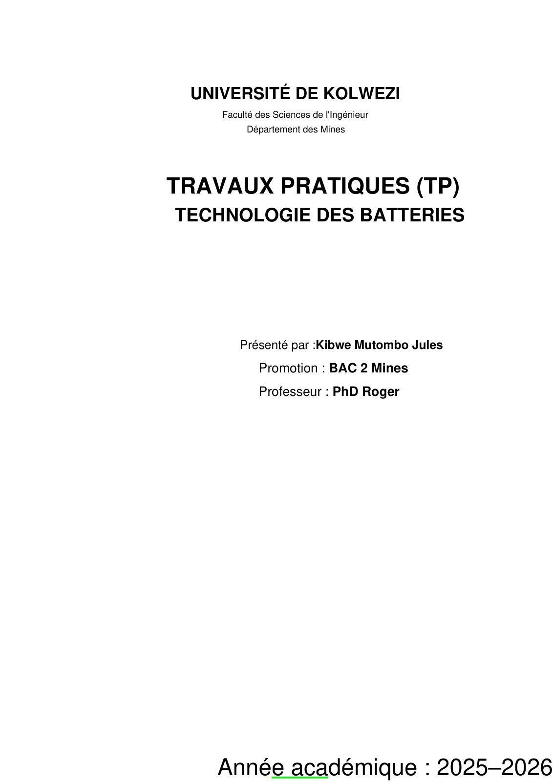First page of Technologie des Batteries