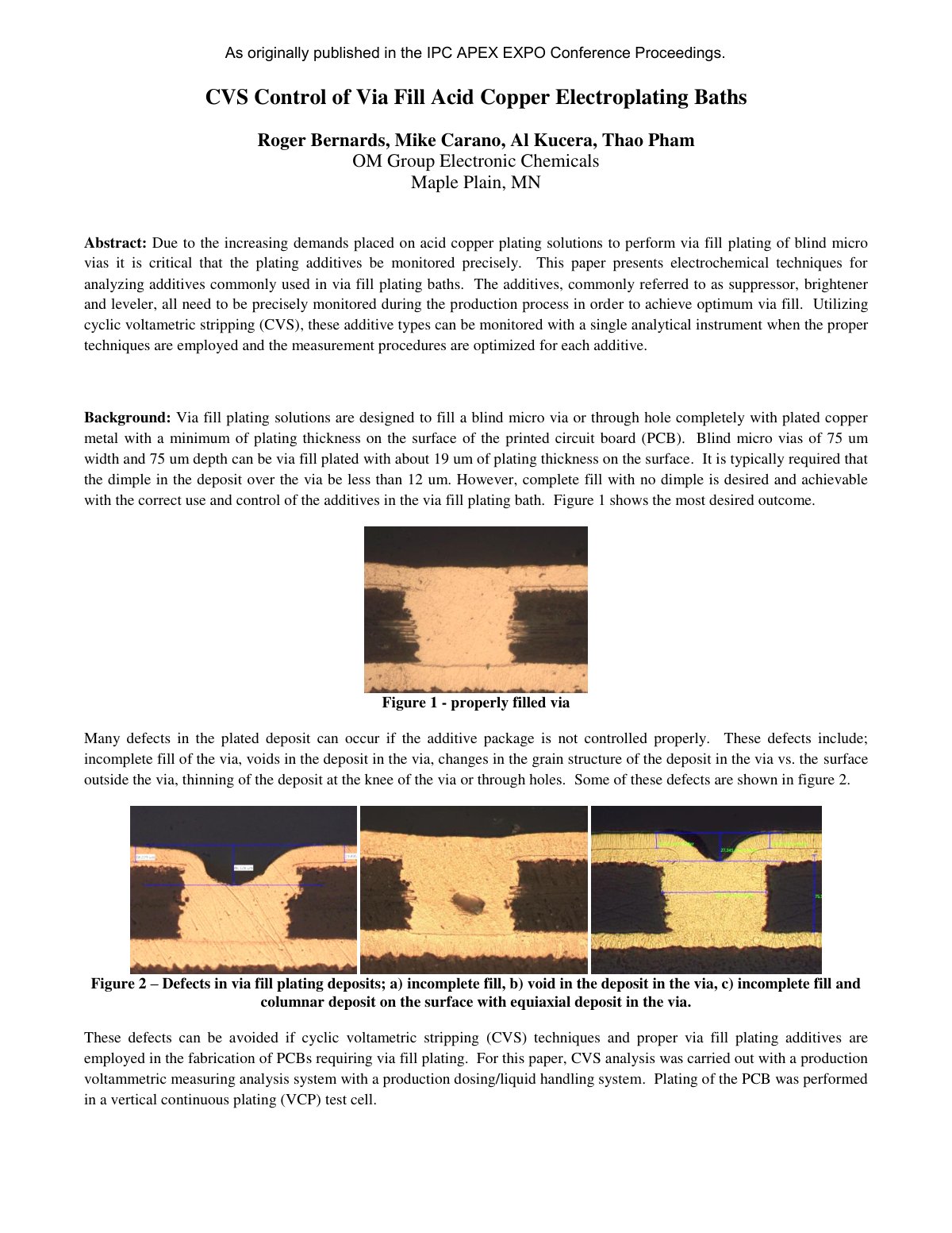 First page of CVS Control of Via Fill Acid Copper Electroplating Baths