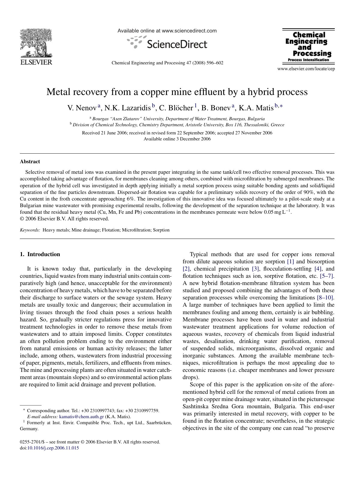 First page of Metal recovery from a copper mine efﬂuent by a hybrid process