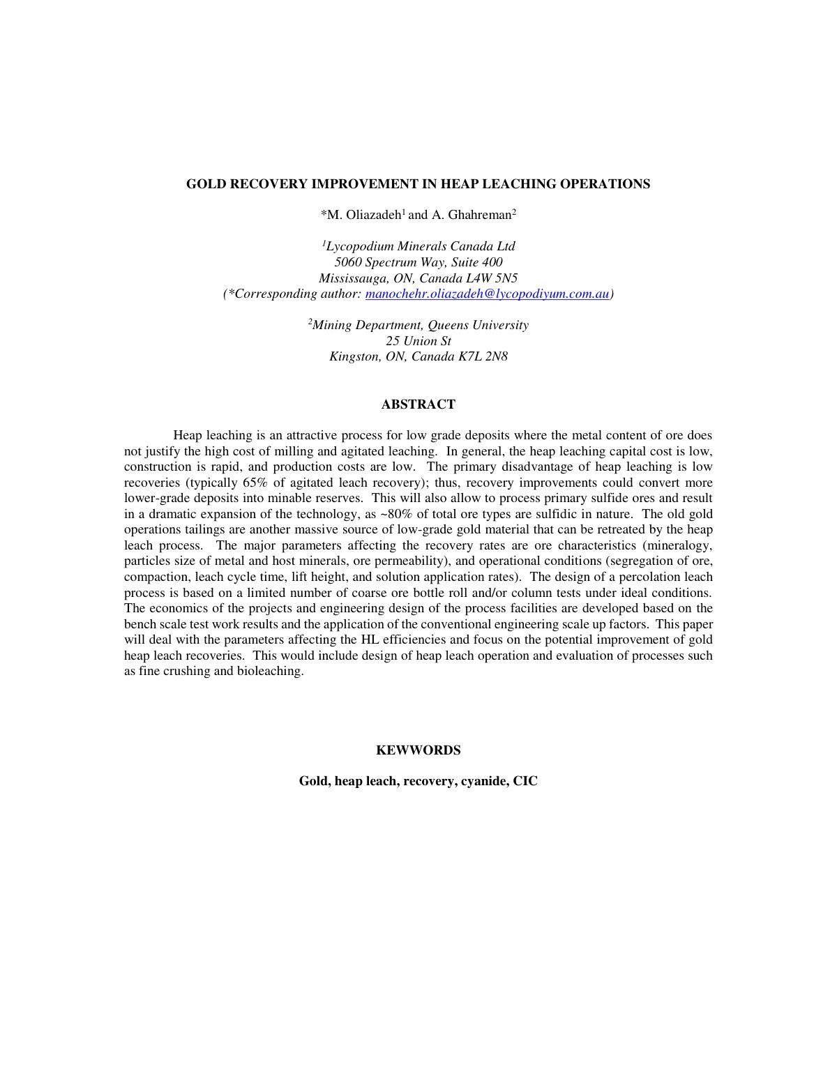 First page of GOLD RECOVERY IMPROVEMENT IN HEAP LEACHING OPERATIONS