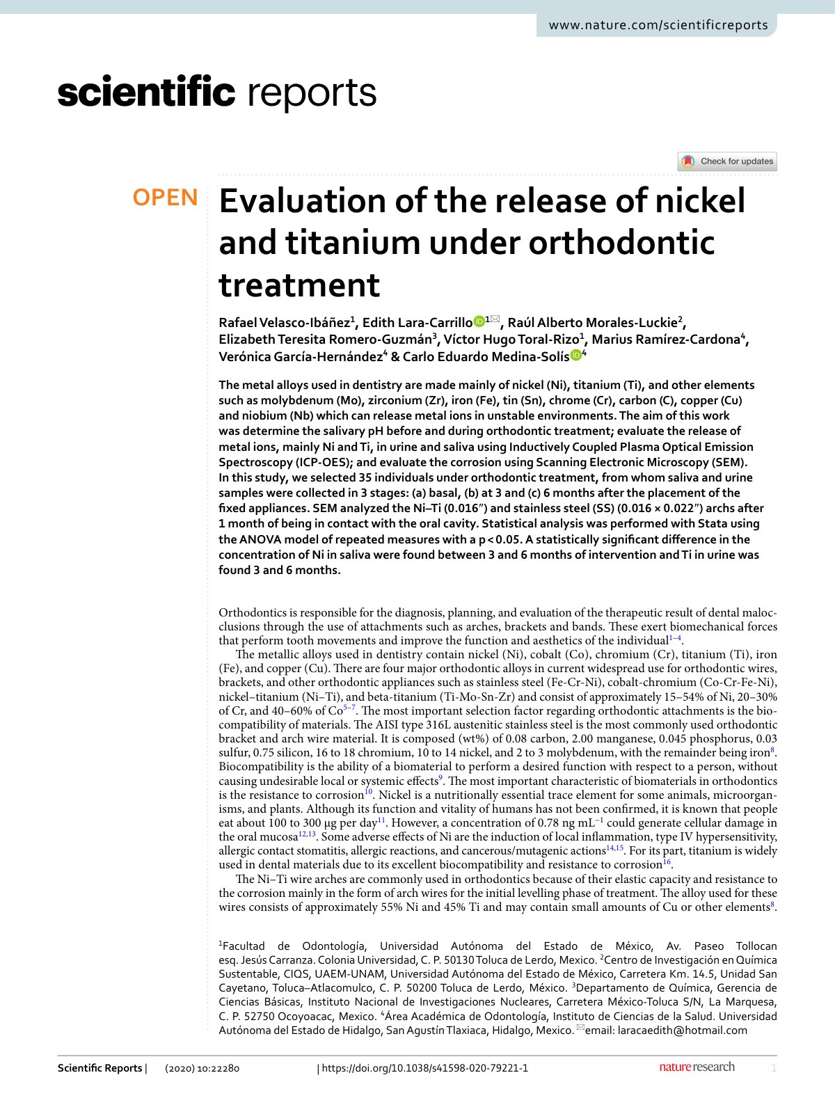 First page of Evaluation of the release of nickel and titanium under orthodontic treatment