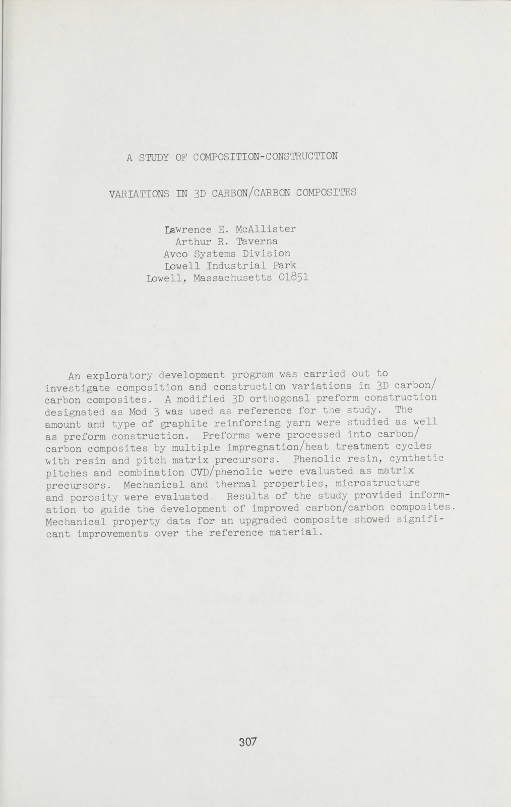 First page of A STUDY OF COMPOSITION-COHSTRUCTION VARIATIONS IN 3D CARBON/CARBON COMPOSITES