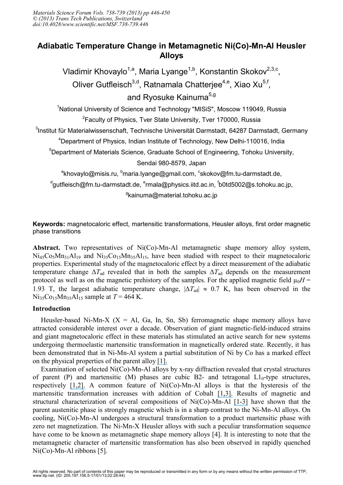 First page of Adiabatic Temperature Change in Metamagnetic Ni(Co)-Mn-Al Heusler Alloys