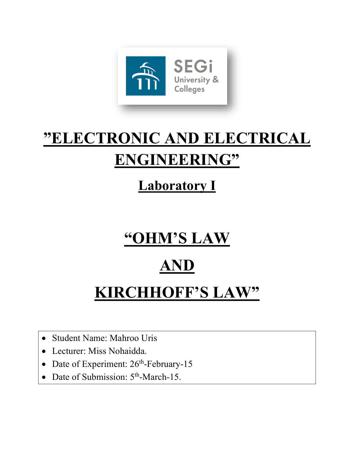 First page of Ohm’s Law and Kirchhoff’s Law
