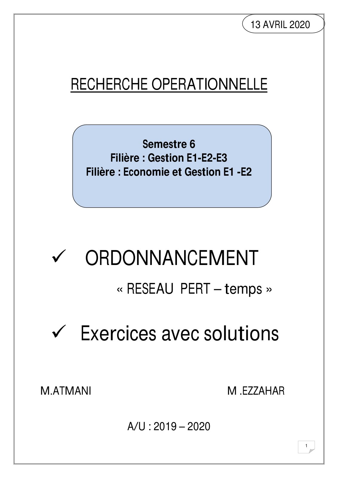 First page of 2  ème partie cours RO réseau PERT Atmani Ezzahar