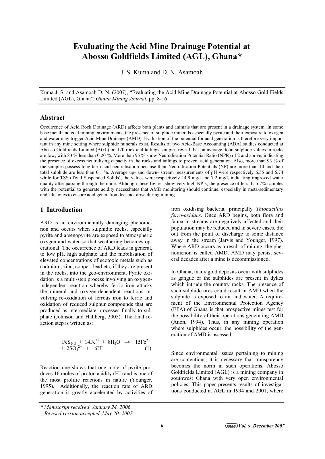 First page of Evaluating the Acid Mine Drainage Potential at Abosso Goldfields Limited (AGL), Ghana