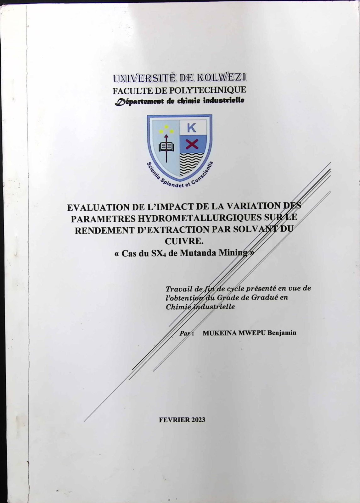 First page of EVALUATION DE L'IMPACT DE LA VARIATION DES PARAMETRES HYDROMETALLURGIQUES SUR LE RENDEMENT D'EXTRACTION PAR SOLVANT DU CUIVRE. « Cas du SX4 de Mutanda Mining »
