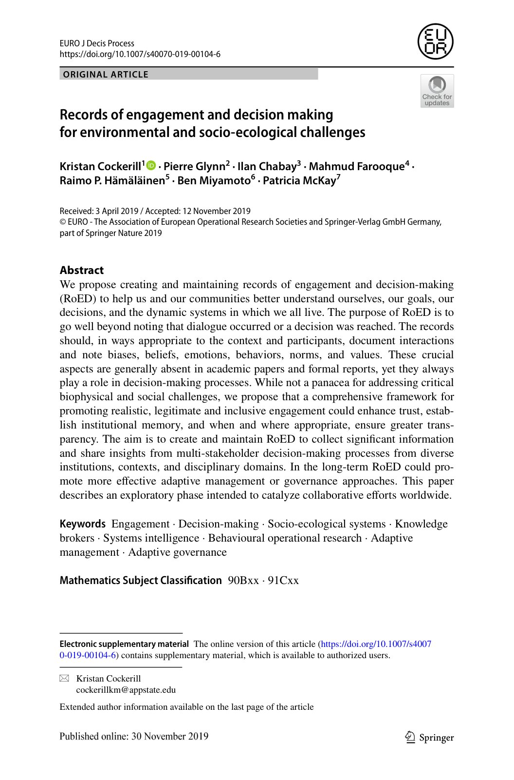 First page of Records of engagement and decision making for environmental and socio‑ecological challenges