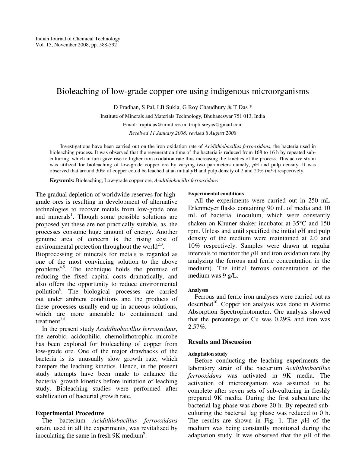 First page of Bioleaching of low grade copper ore usin
