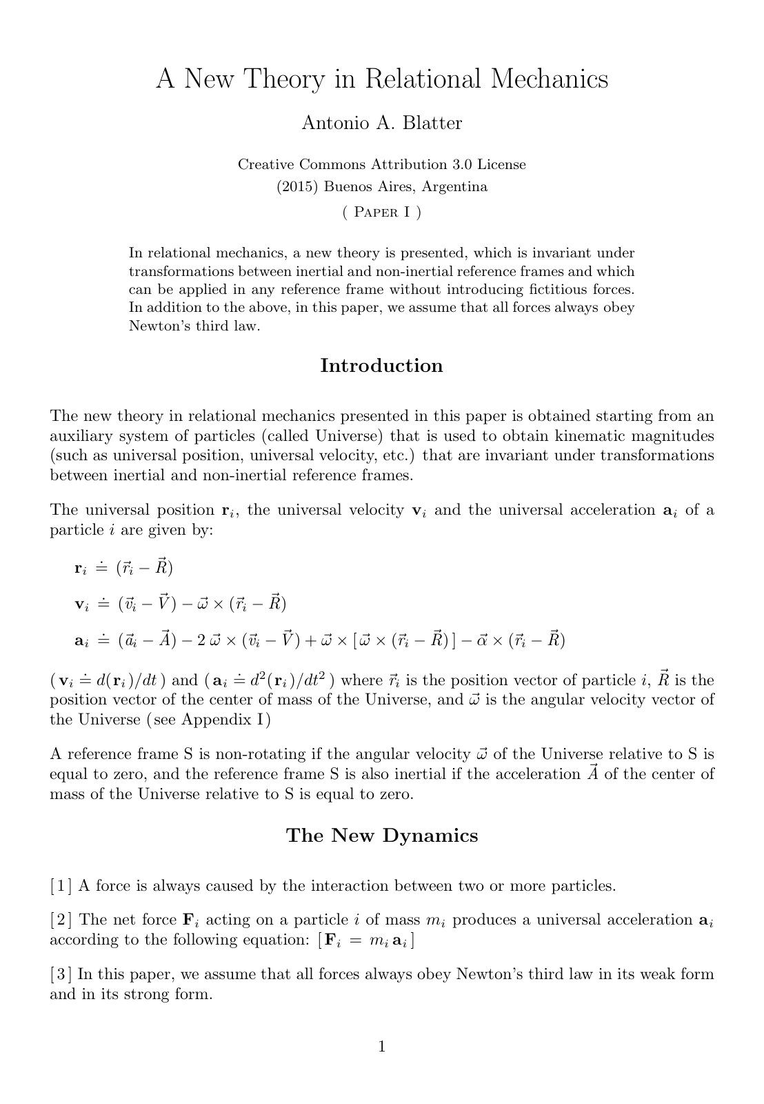 First page of A New Theory in Relational Mechanics I a
