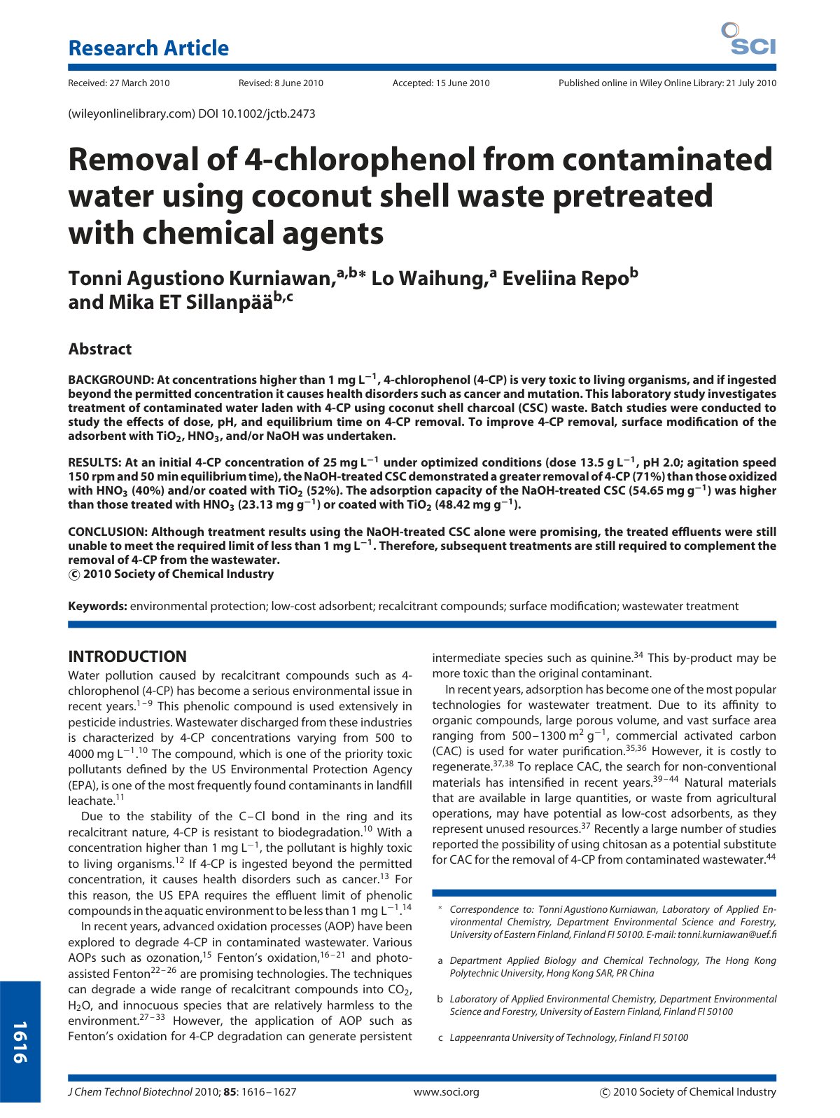 First page of Removal of 4 chlorophenol from contamina
