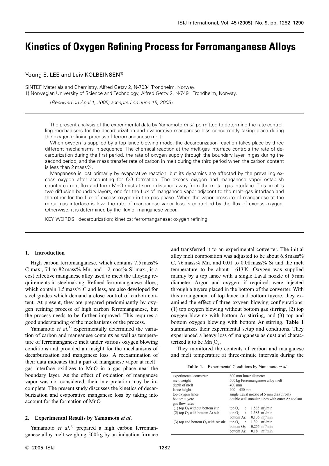First page of Kinetics of Oxygen Reﬁning Process for Ferromanganese Alloys