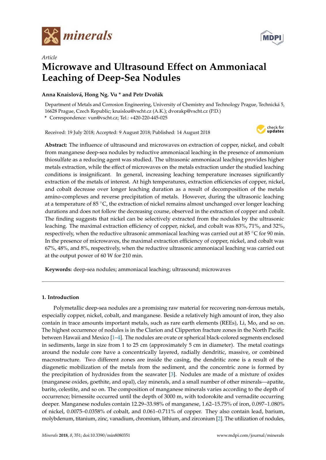 First page of 2018   Knaislova   Ammoniacal leaching of deep sea nodules
