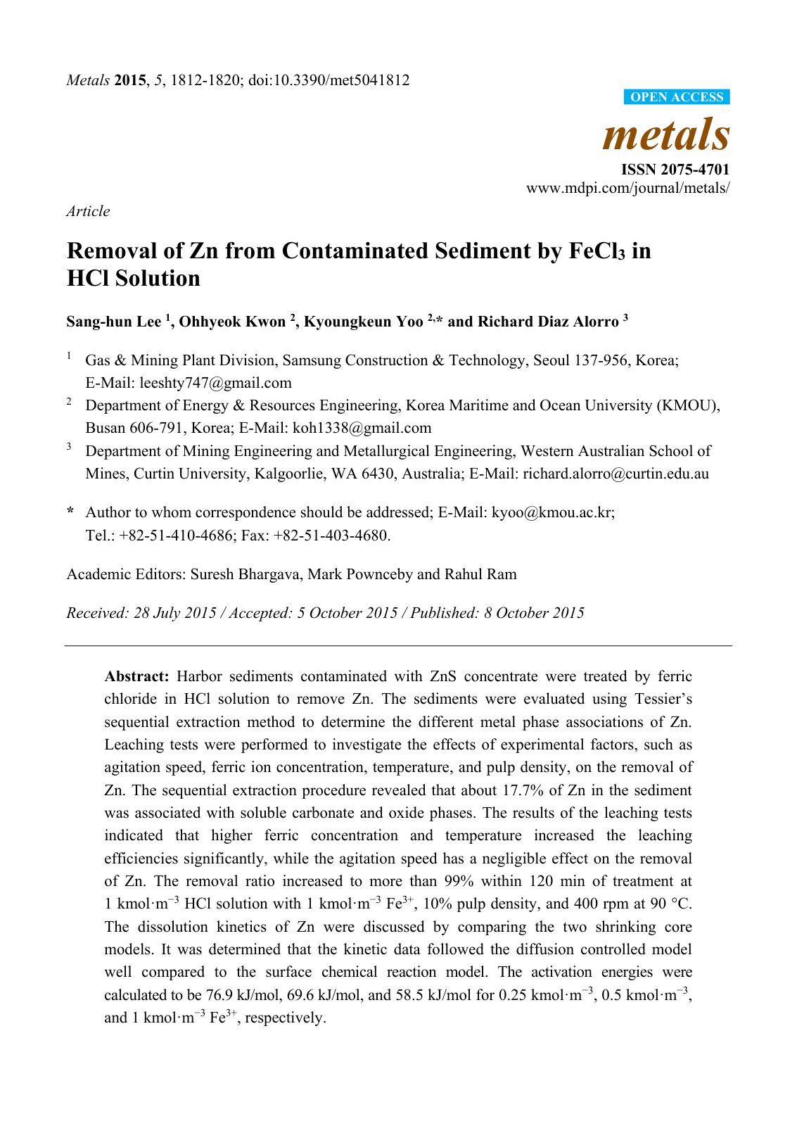 First page of Removal of Zn from Contaminated Sediment by FeCl3 in HCl Solution