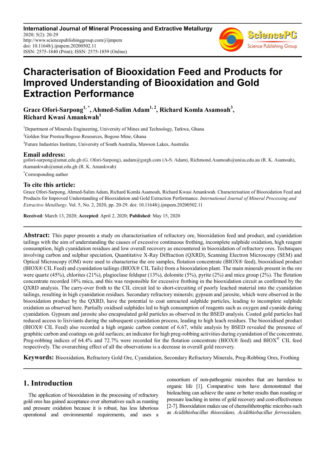First page of Characterisation of Biooxidation Feed and Products for Improved Understanding of Biooxidation and Gold Extraction Performance