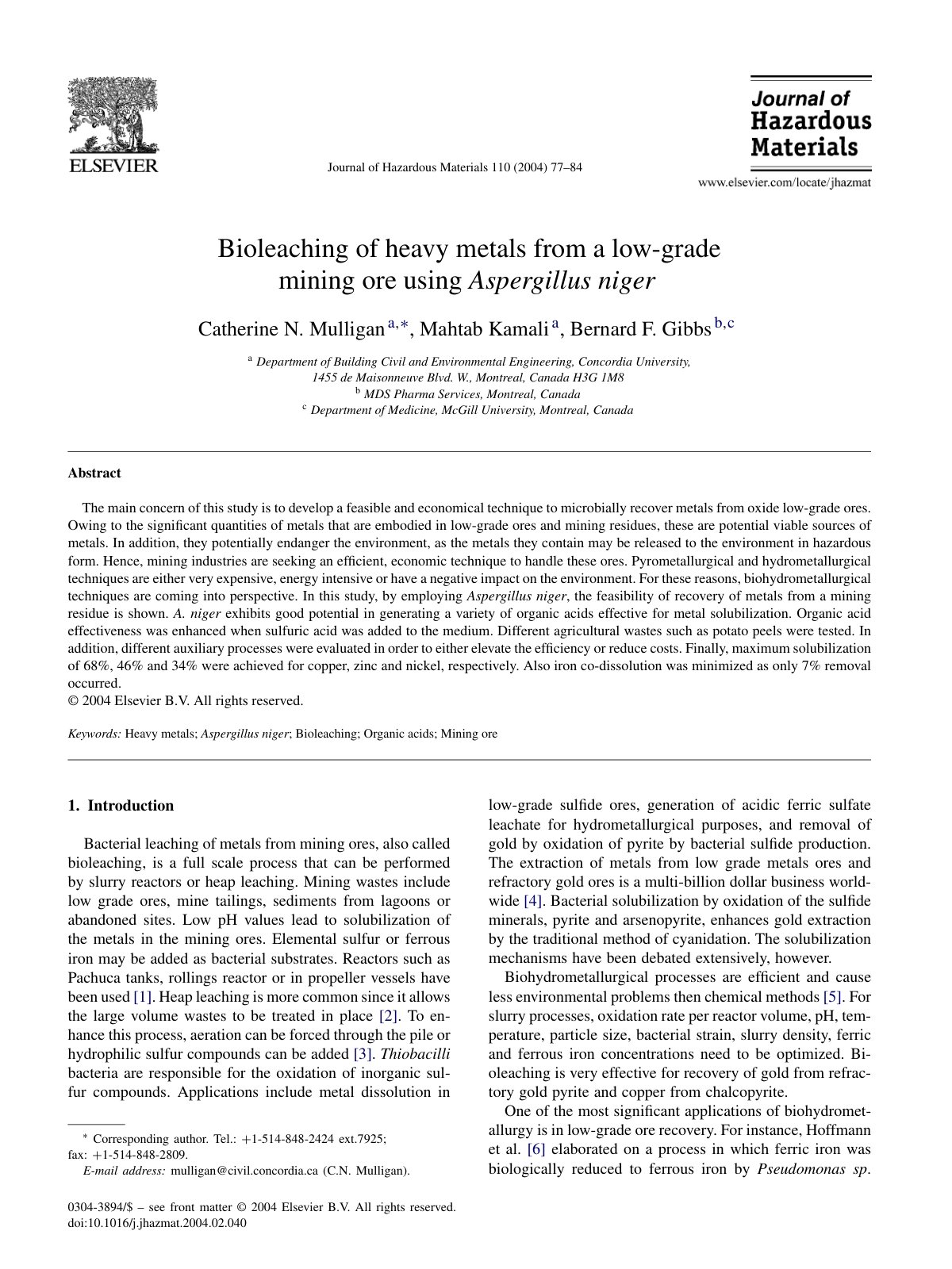 First page of Bioleaching of heavy metals from a low-grade mining ore using Aspergillus niger