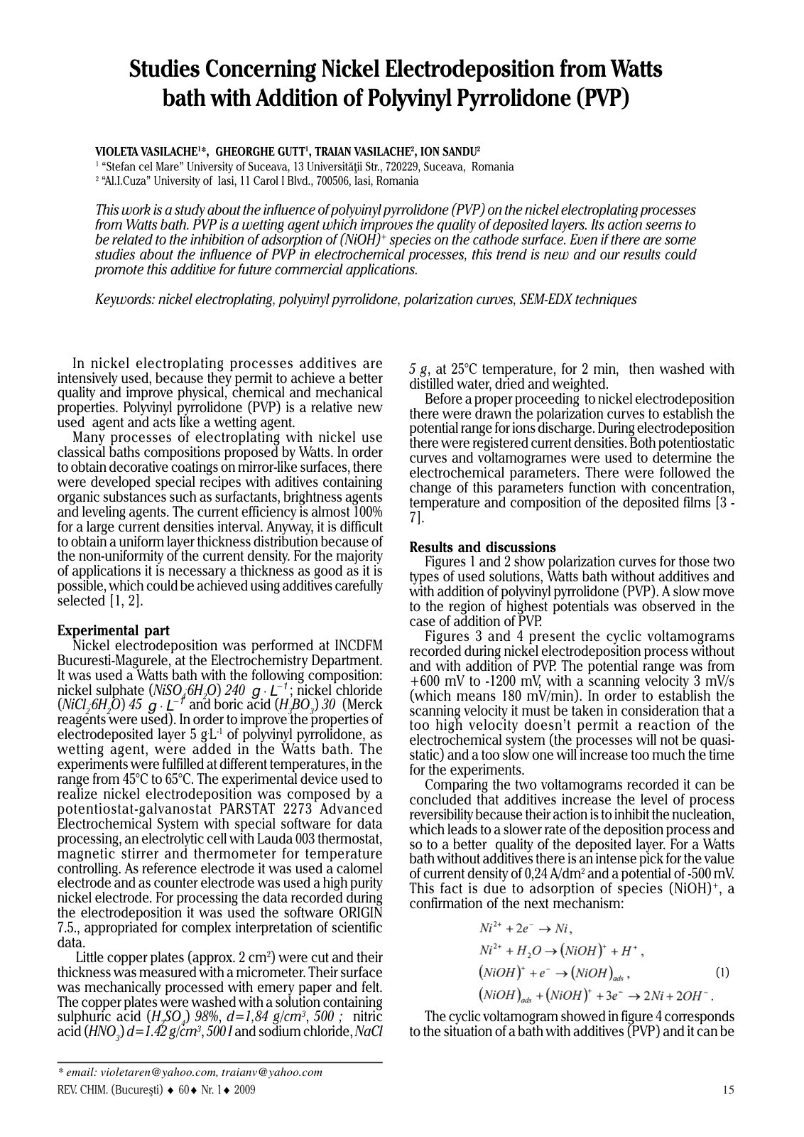 First page of Studies about Electrochemical Plating wi