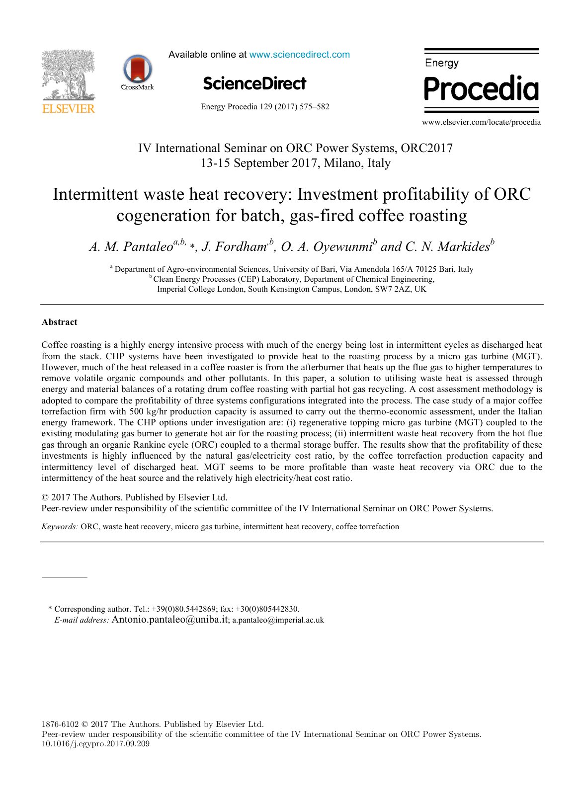 First page of Intermittent waste heat recovery: Investment profitability of ORC cogeneration for batch, gas-fired coffee roasting